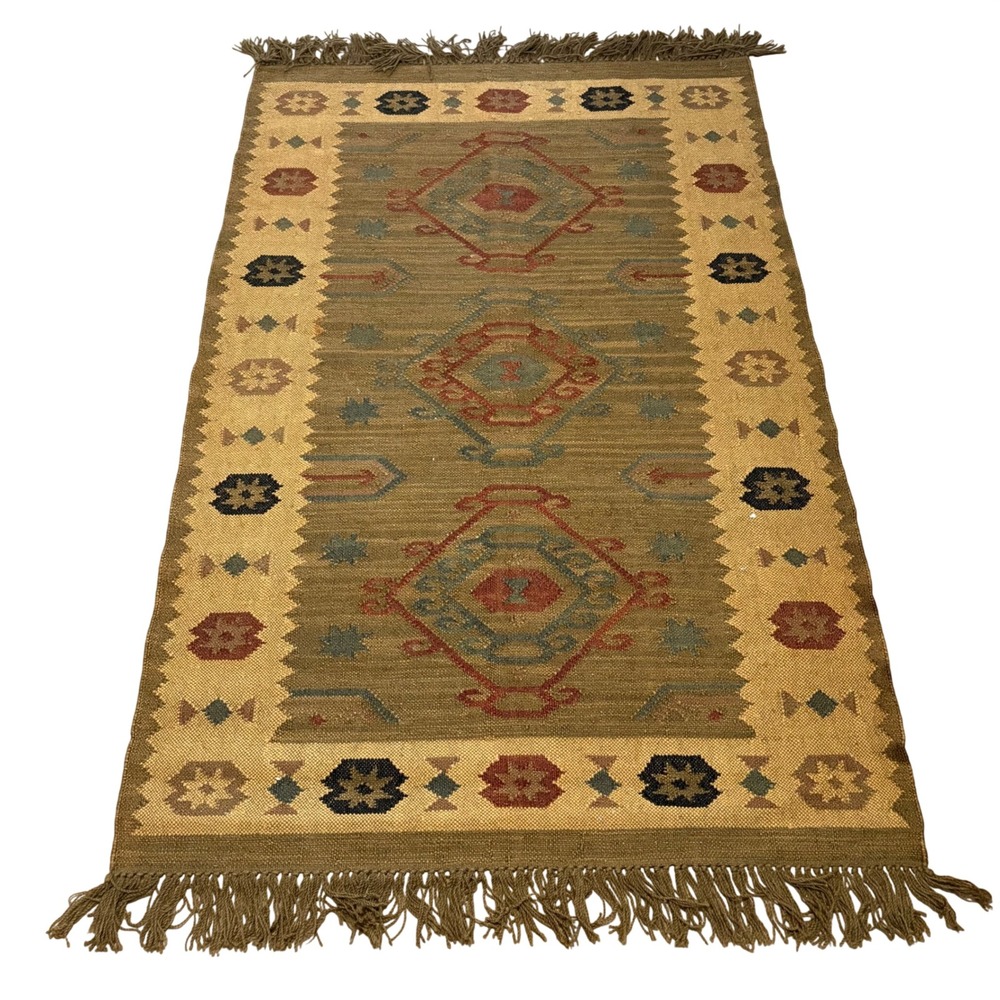 Vintage Kilim Wool Rug Handwoven Geometric Tribal Flatweave Olive Terracotta 3x5